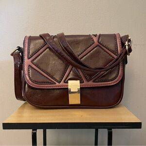 Vintage Deep Chocolate Red Leather-Look Patchwork Shoulder Bag — 9×6×2" EUC